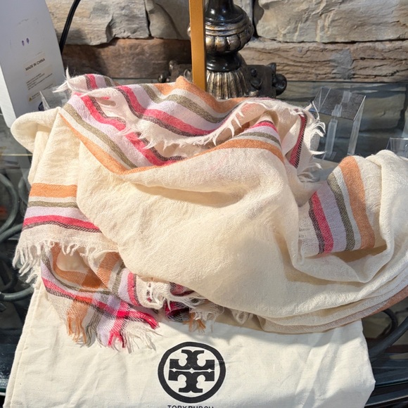 Tory Burch Cream and Pink Fringed Scarf - Picture 6 of 6